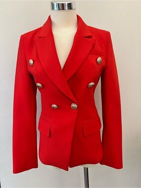 Red Double-Breasted Women's Blazer Jacket with Gold Buttons